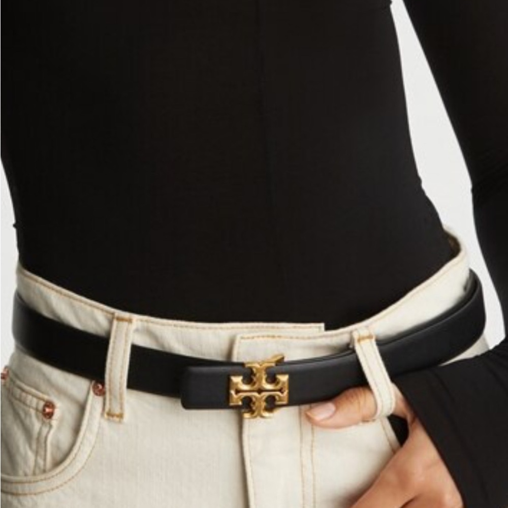 Tory Burch 1” Eleanor Black Leather Belt with Gold Buckle size M - Picture 7 of 8